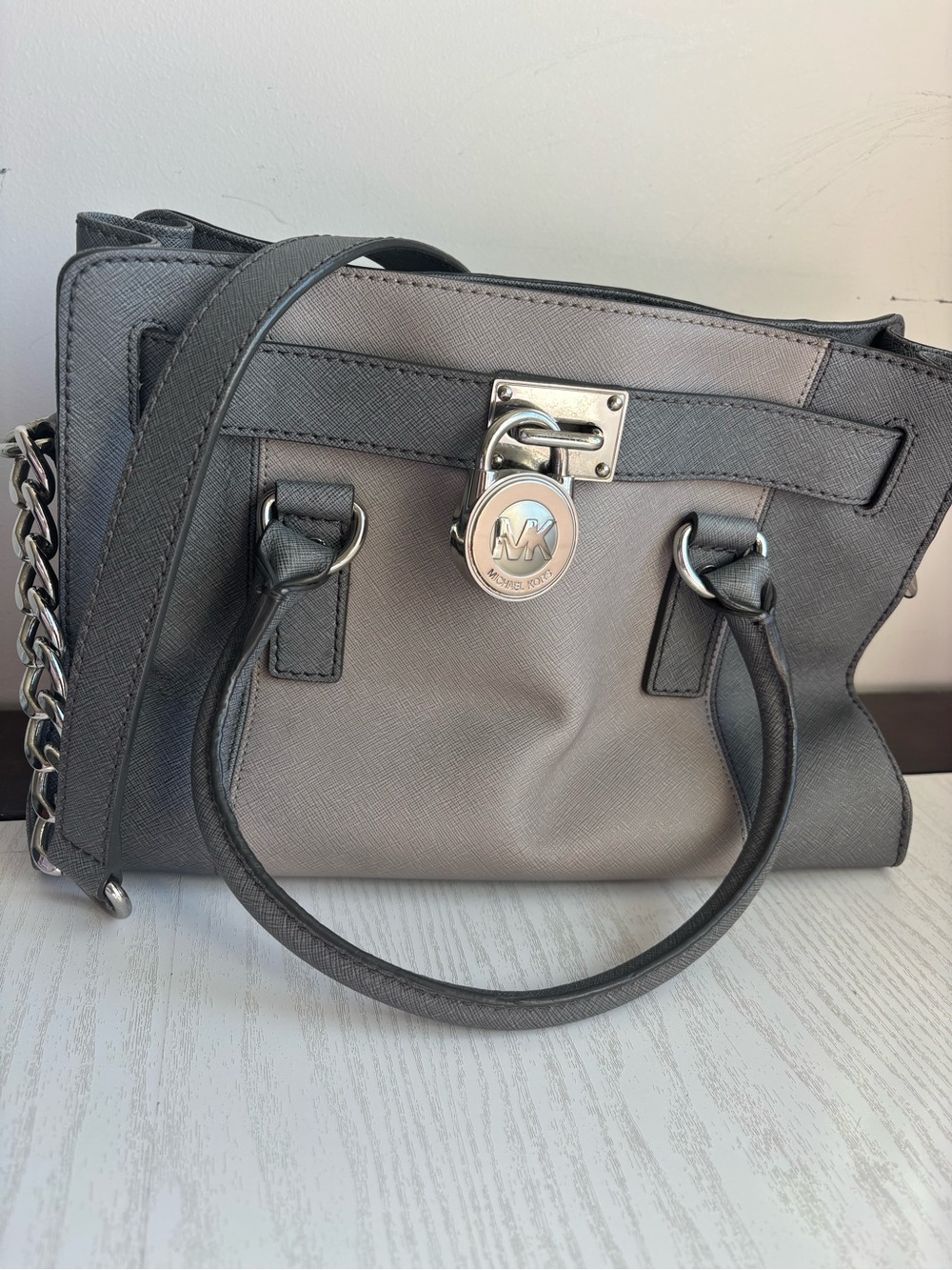 Michael Kors Hamilton Two Tone Gray Saffiano Leather Satchel Bag
